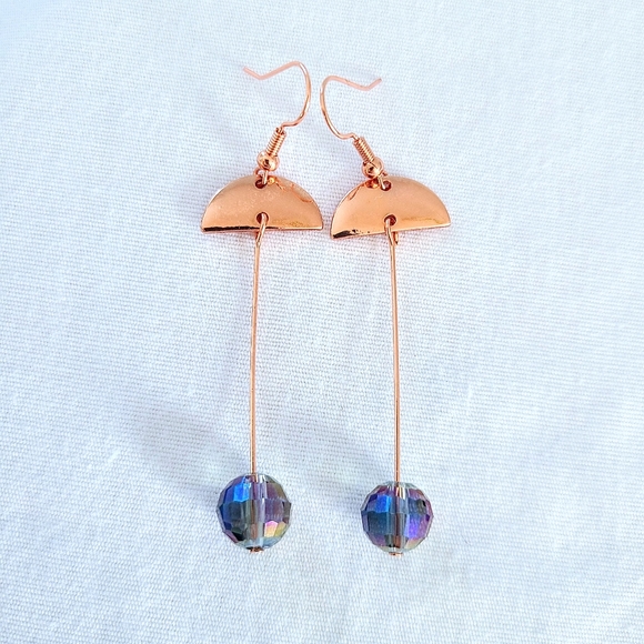 Subtle Delights Handmade Abstract Art Rose Gold & Iridescent Blue Glass Earrings - Picture 4 of 4